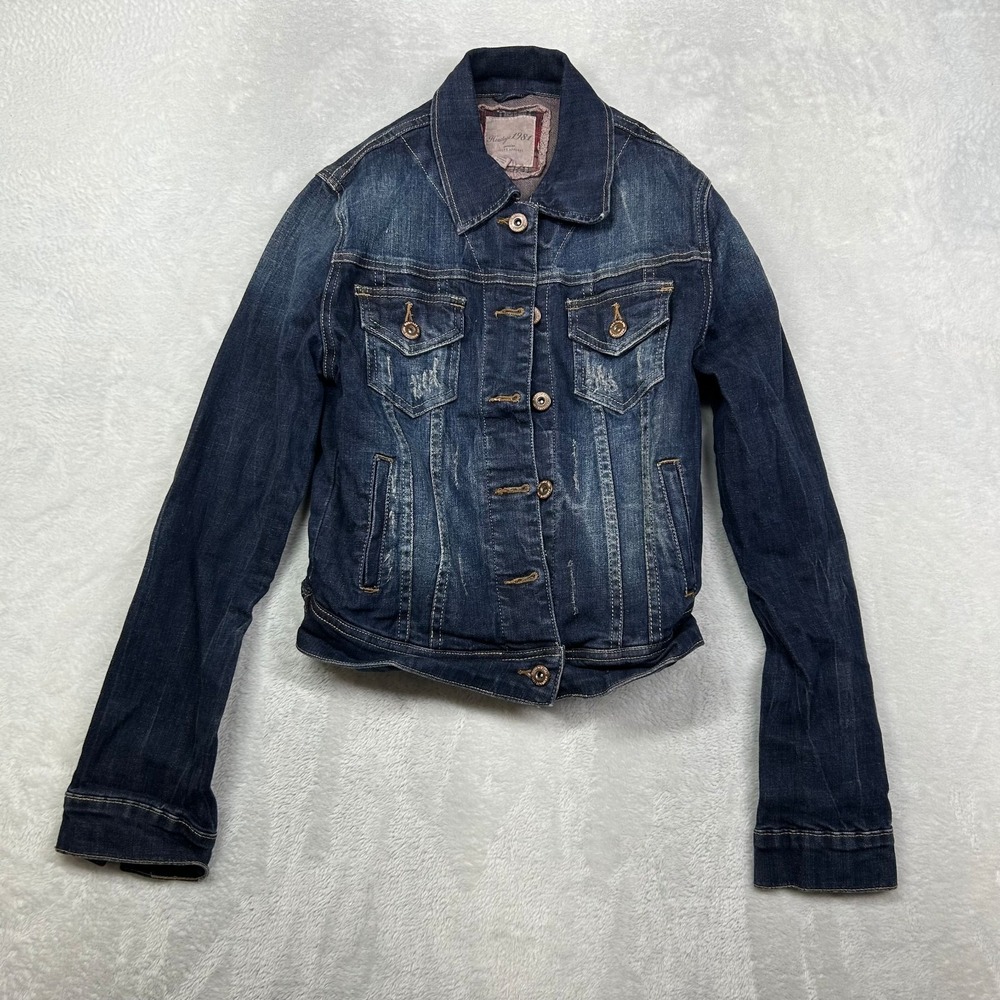 Heritage 1981 Denim Jacket Women's Blue Distressed Pockets Stretch‎ Y2K - Small